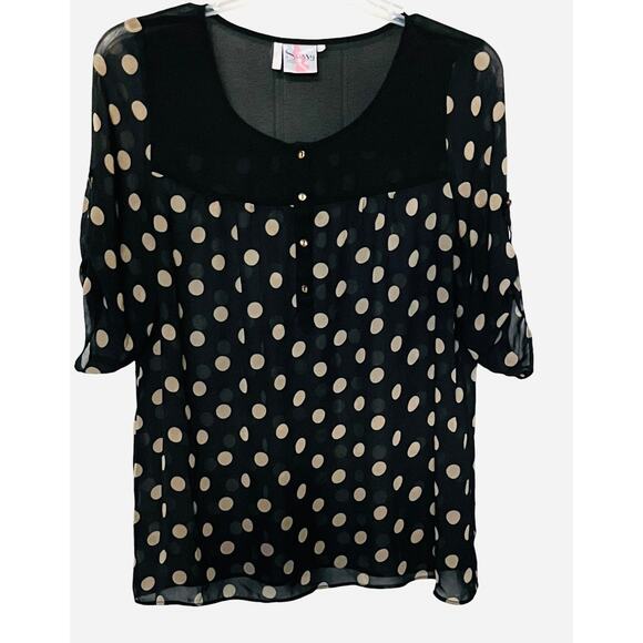 SASSY MATERNITY SHORT SLV, RND NECK, DRESSY BLOUSE, WOMENS, XL-BLACK-TAN CIRCLES - Picture 1 of 11